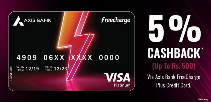 Axis Bank Freecharge Credit Card: Get 5 Percent unlimites Cashback on all spends done on the freecharge app