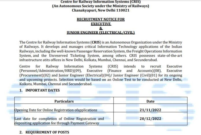 CRIS Recruitment 2022: Golden opportunity to get job on these posts including junior engineer in CRIS of Railways, salary will be given according to 7th pay