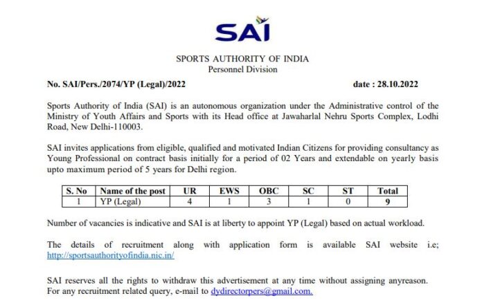 SAI Recruitment 2022: Jobs for the post of Young Professional in SAI, salary will be up to 50 thousand every month, know others details