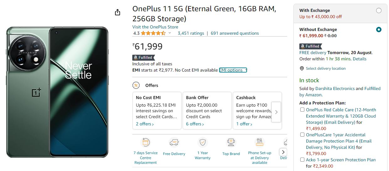 OnePlus 11 5G (Eternal Green, 16GB RAM, 256GB Storage)