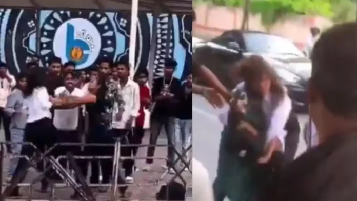 Two girls fight in the middle of the street over making a reel with their boyfriend, hair pulled and kicked and punched